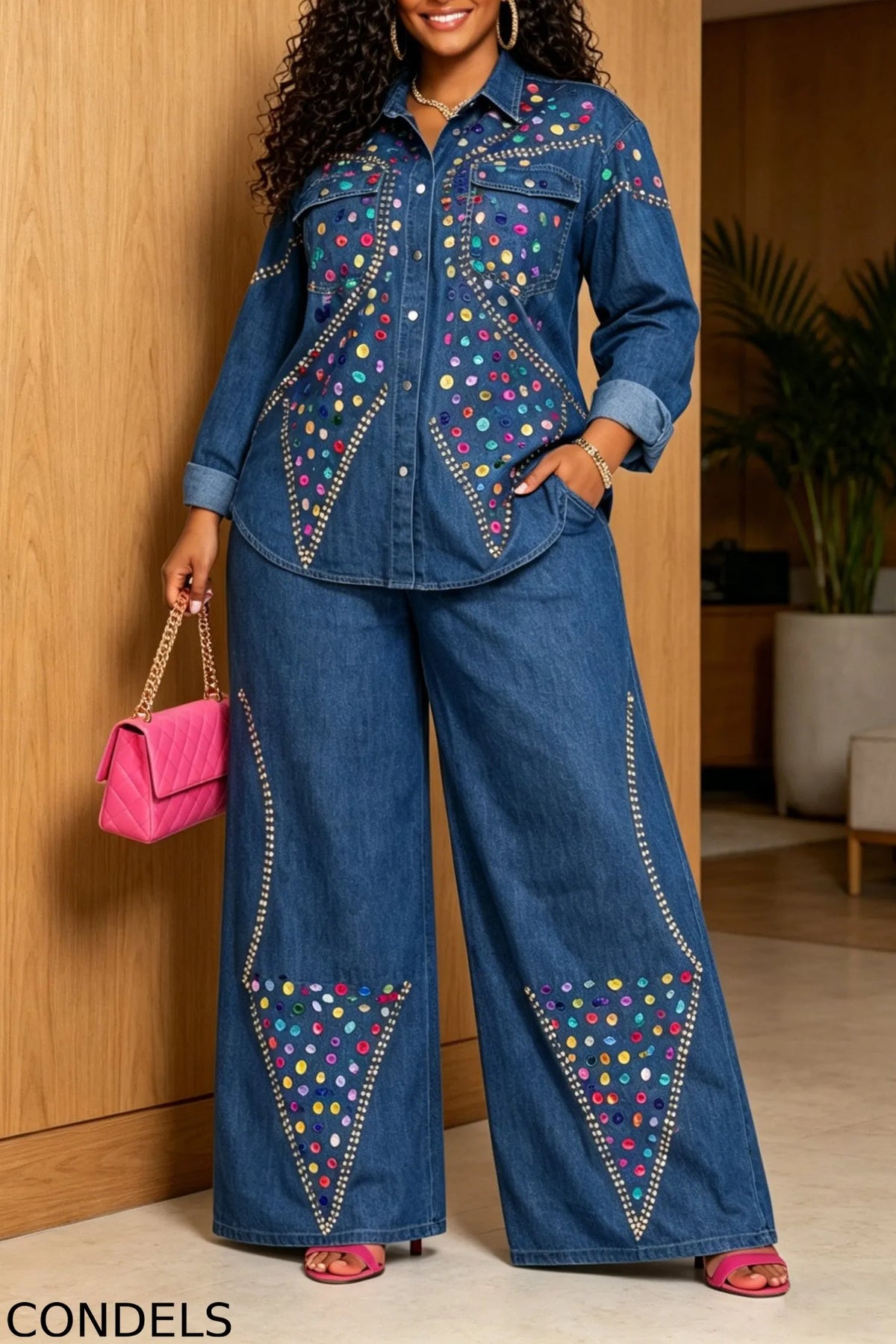 Women's Elegant Multicolor Rhinestone Denim Shirt & Jeans