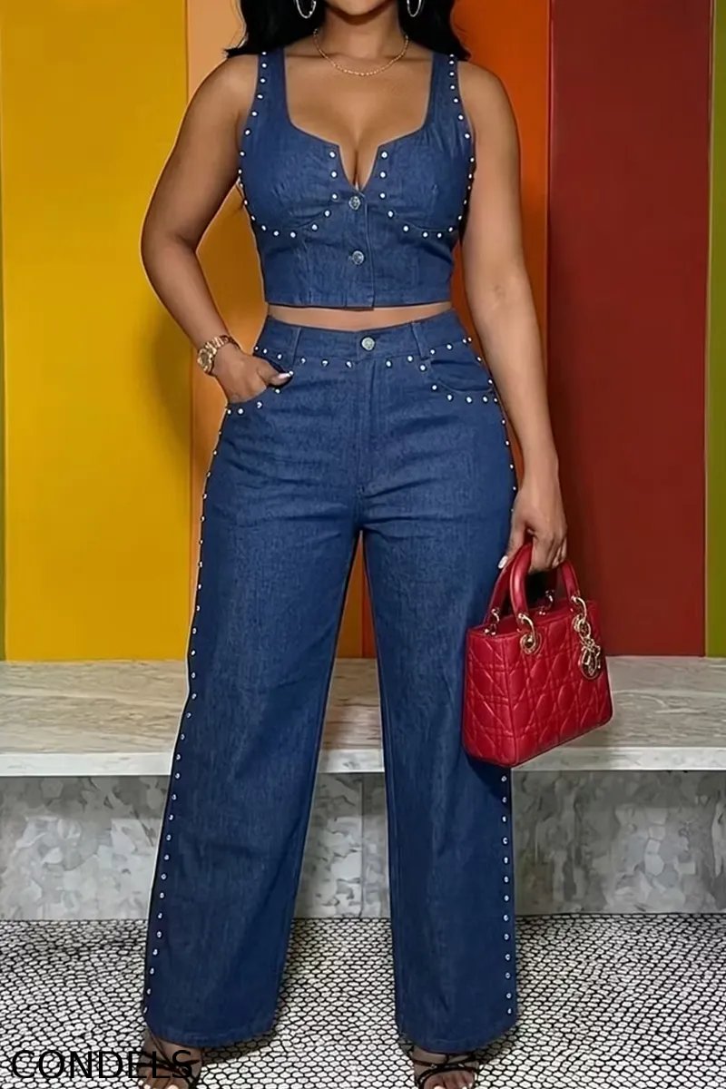 Women's Casual Beaded Short Denim Vest Top Or Beaded Wide Leg Jeans