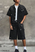 Men's Y2K Bling Full Rhinestone Denim Shirt  And Jeans shorts