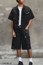 Men's Y2K Bling Full Rhinestone Denim Shirt  And Jeans shorts