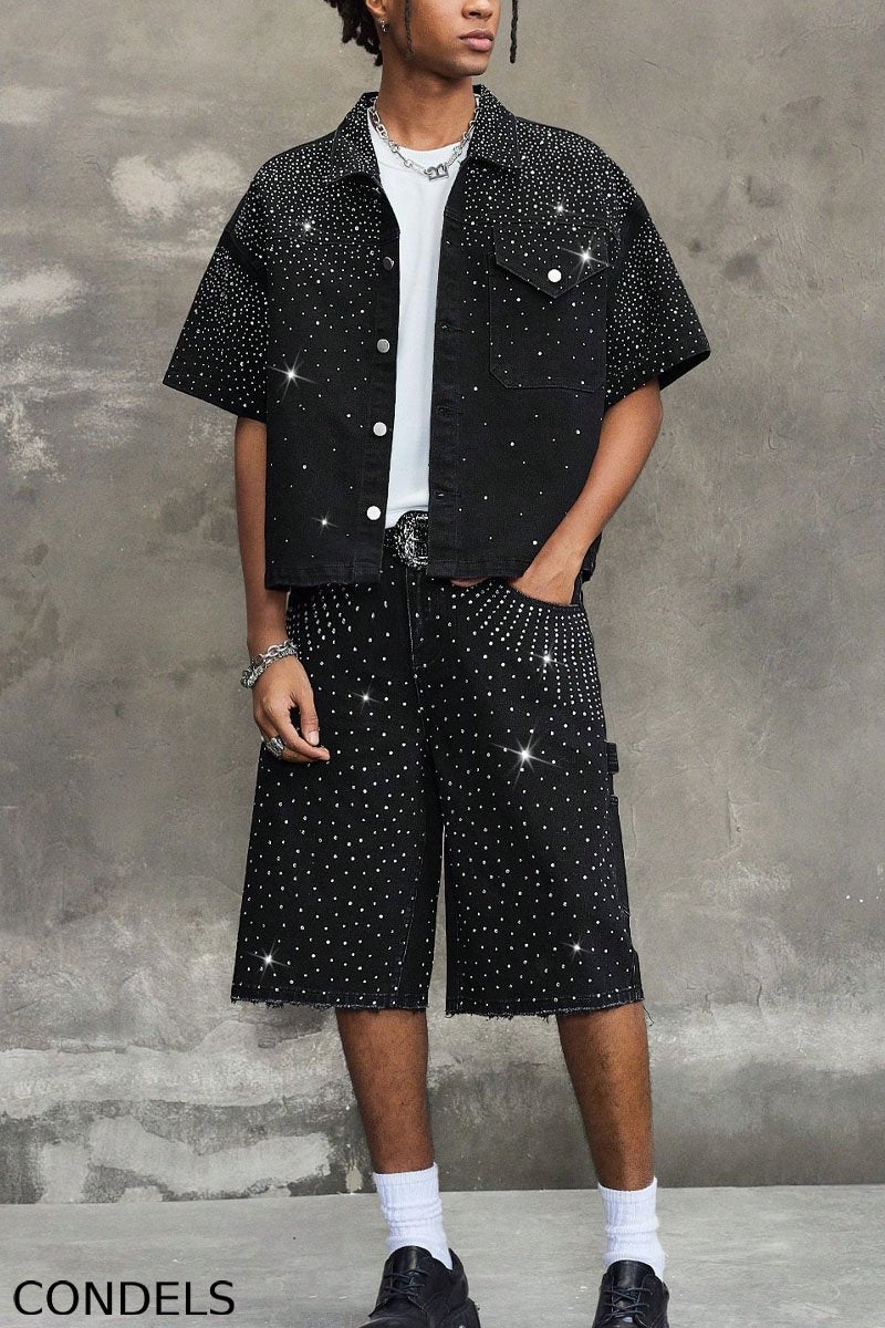 Men's Y2K Bling Full Rhinestone Denim Shirt  And Jeans shorts