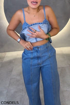 Women's Fashion V-Neck Fitted Denim Vest & Jeans
