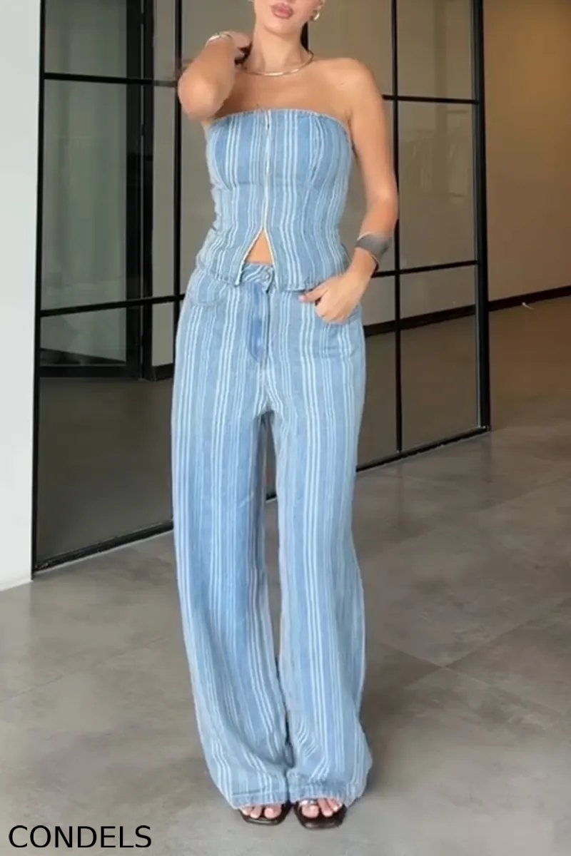 Women's Casual Stripe Denim Bustier or Jeans