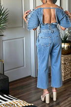 Women's Fashion Backless Denim Top or Pleated Jeans