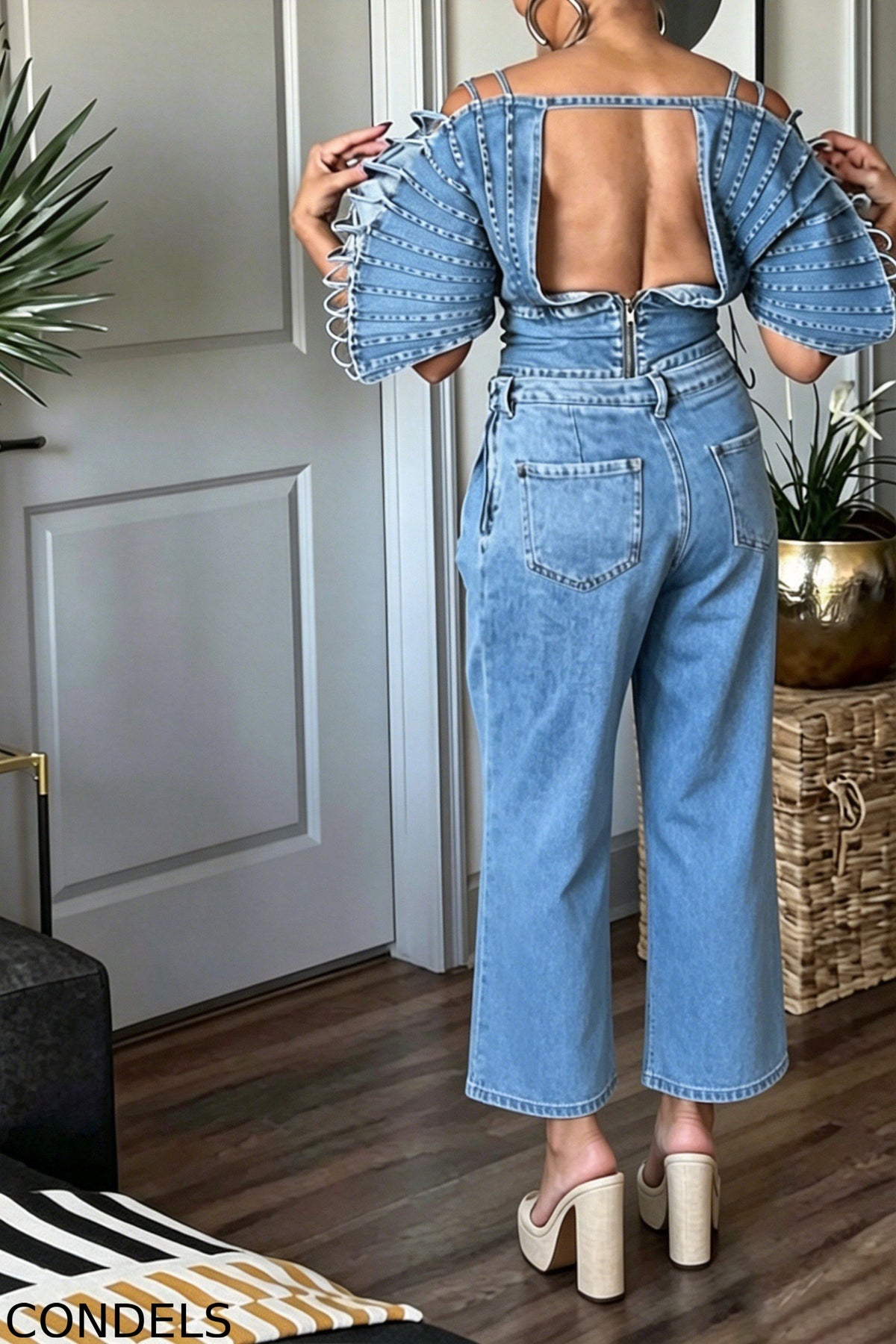 Women's Fashion Backless Denim Top or Pleated Jeans