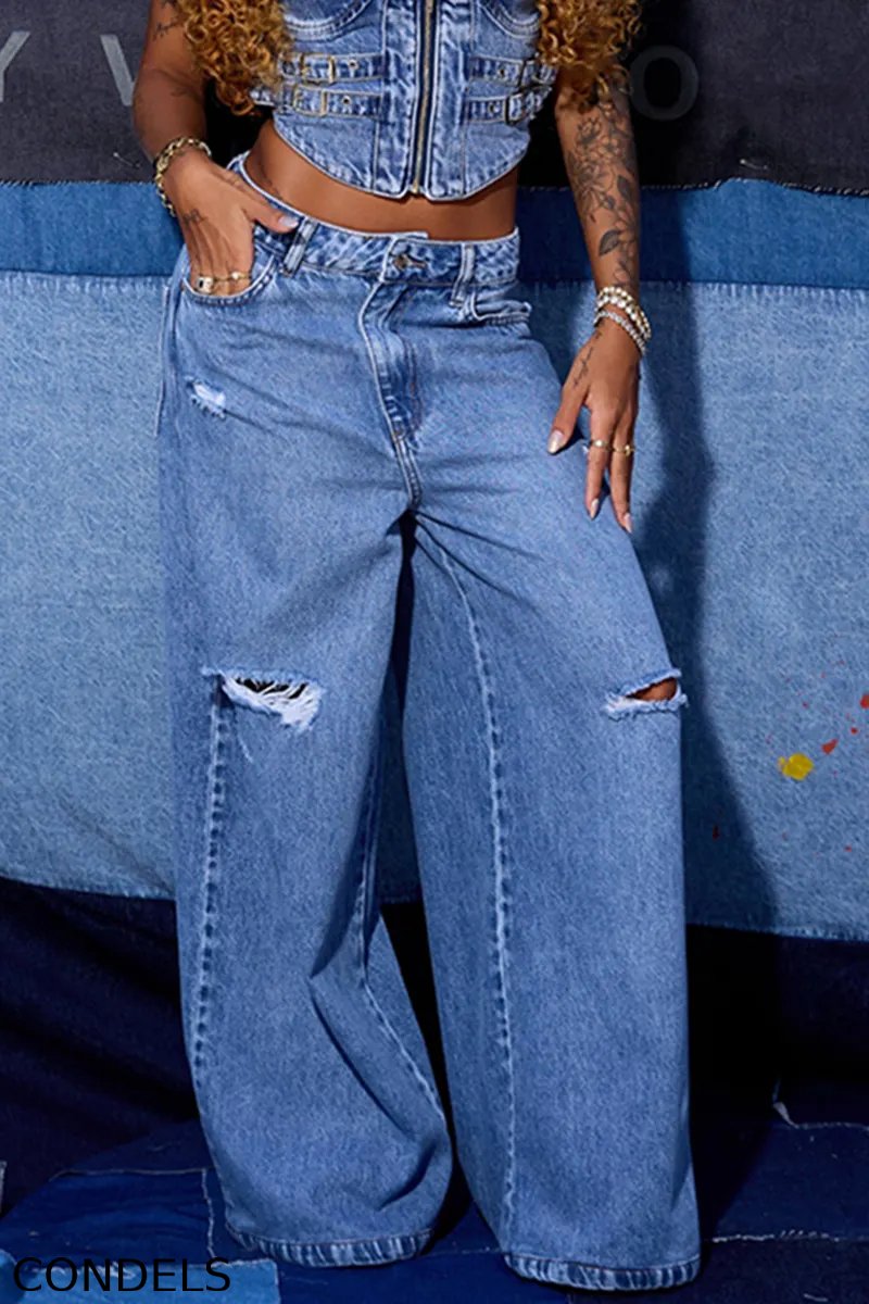 Women's Fashion Halter Denim Vest or Ripped Jeans