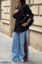 Women Collar Patchwork Floral Jacket or Patchwork Printed Jeans