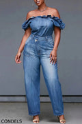 Women's Casual Off Shoulder Denim Top & Asymmetric Waist Jeans