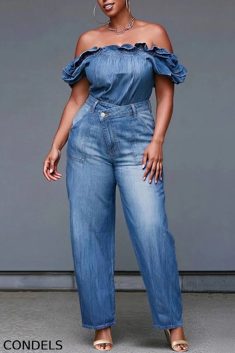 Women's Casual Off Shoulder Denim Top & Asymmetric Waist Jeans