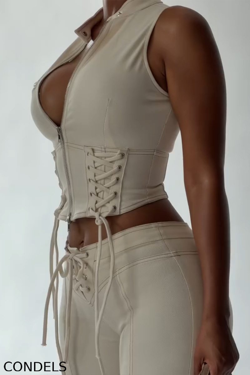 Women's Fashion Tie Zipper Denim Vest & Cropped Jeans