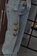 Women's Heart Rhinestone Vintage Washed Stripe Vest + Jeans