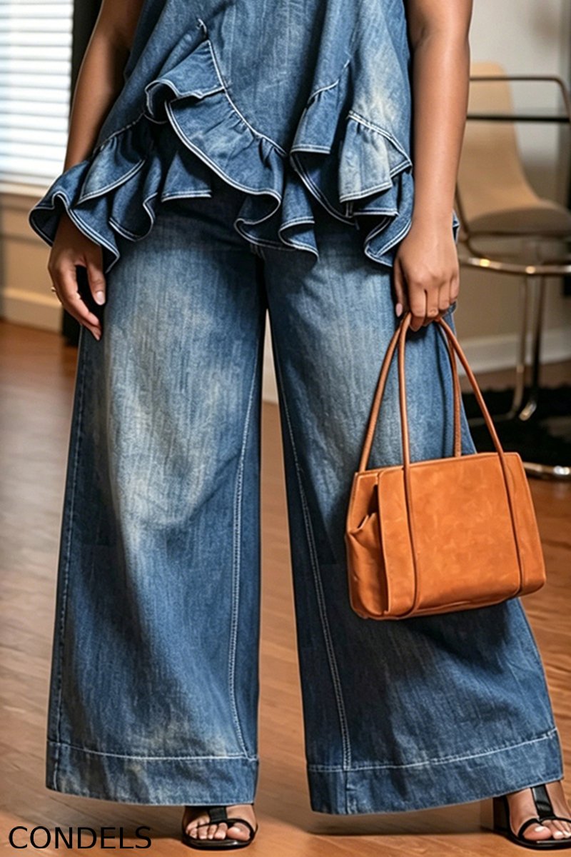 Women's Fashion Flounce Hem Denim Vest & Jeans