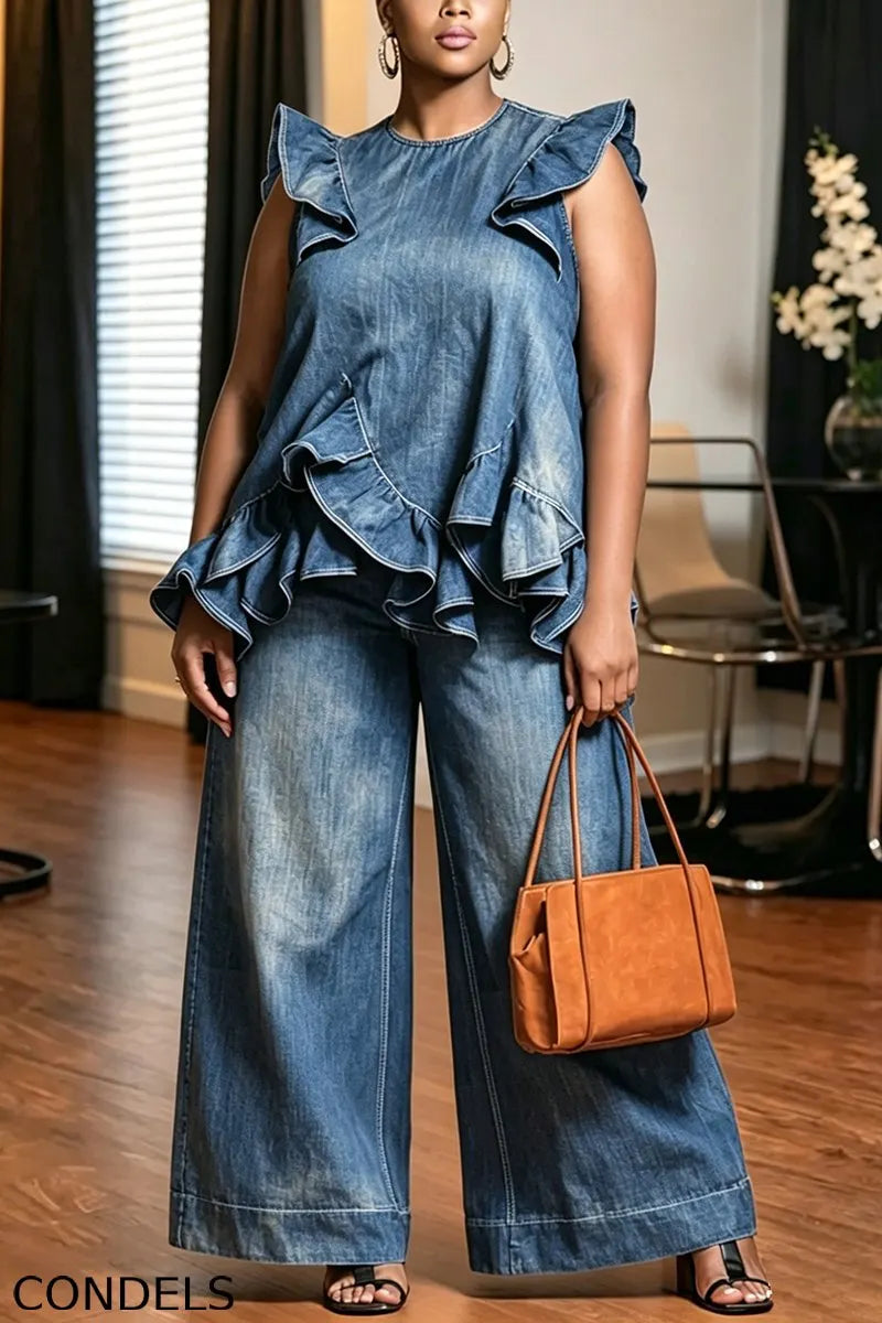 Women's Fashion Flounce Hem Denim Vest & Jeans