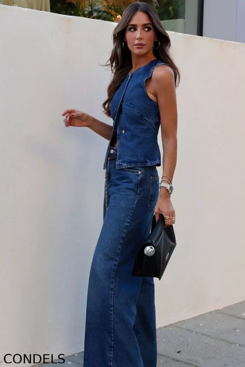 Vintage Inspired Sleeveless Denim Vest + Slimming Jeans  Set
