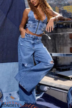 Women's Fashion Halter Denim Vest or Ripped Jeans