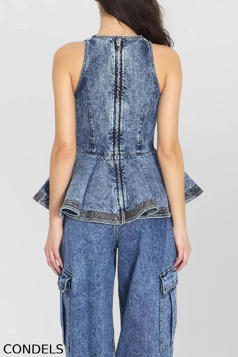 Ladies' Casual Denim Ruffled Top And Workwear Jeans