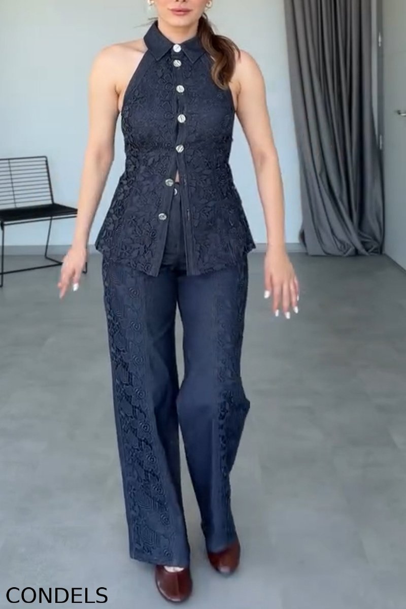 Women's Elegant Lace Panel Denim Vest & Jeans