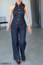 Women's Elegant Lace Panel Denim Vest & Jeans