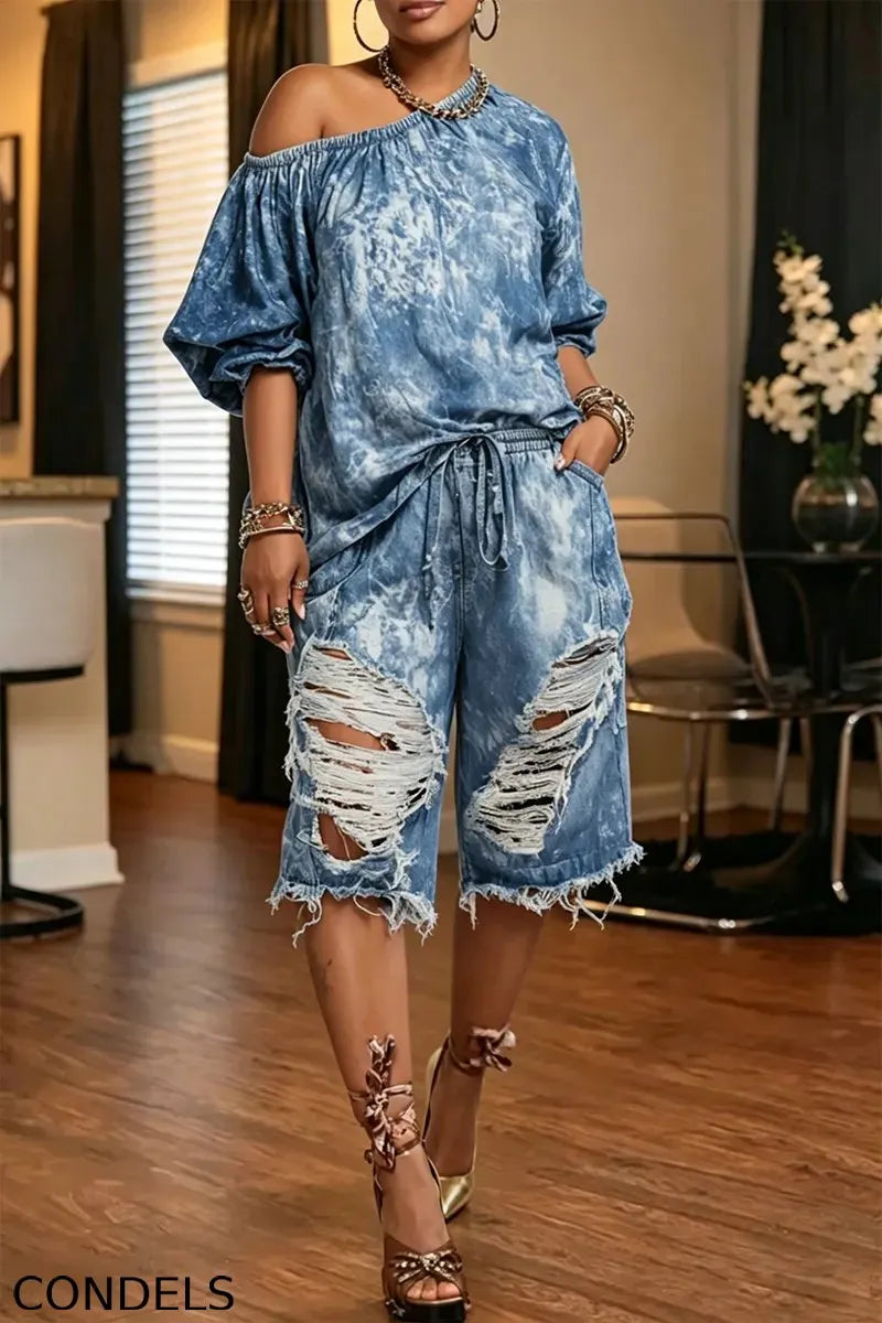 Women's Casual One Shoulder Puff Sleeve Denim Top or Ripped Cropped Jeans