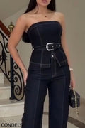 Women's Strapless Patchwork Denim Top + Jeans