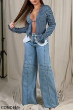 Women Vertical Sexy Top or Spliced Wide Leg Jeans