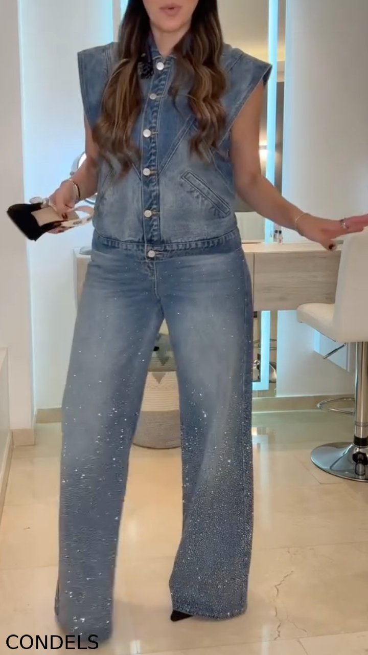 Women's Sleeveless Collared Denim Top + Rhinestone-studded Jeans
