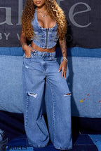 Women's Fashion Halter Denim Vest or Ripped Jeans