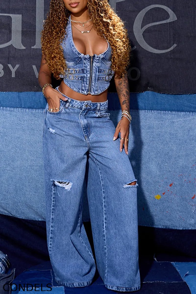 Women's Fashion Halter Denim Vest or Ripped Jeans