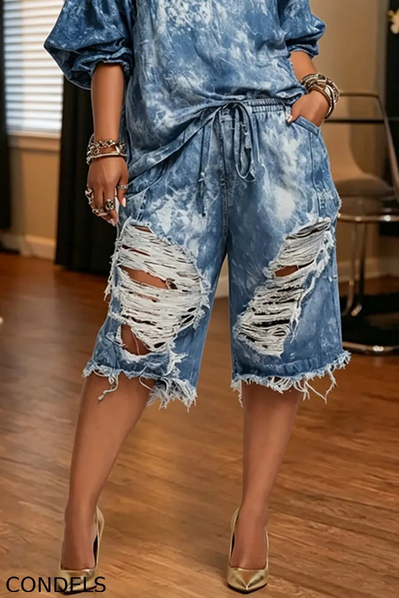 Women's Casual One Shoulder Puff Sleeve Denim Top or Ripped Cropped Jeans