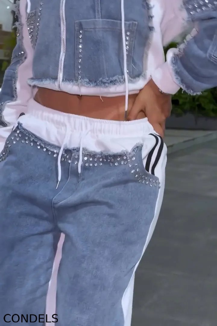 Fashion Denim Panel Hooded Jacket + Hotfix Rhinestone Jeans