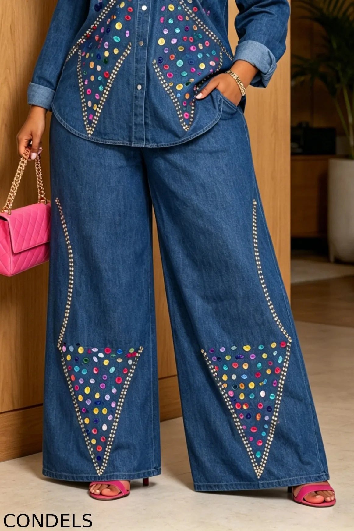 Women's Elegant Multicolor Rhinestone Denim Shirt & Jeans