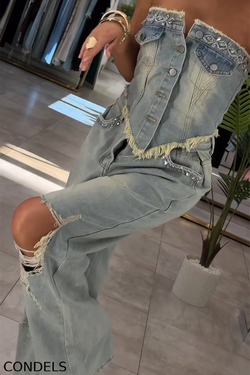 Women's Fashion Rhinestone Denim Bustier or Ripped Jeans