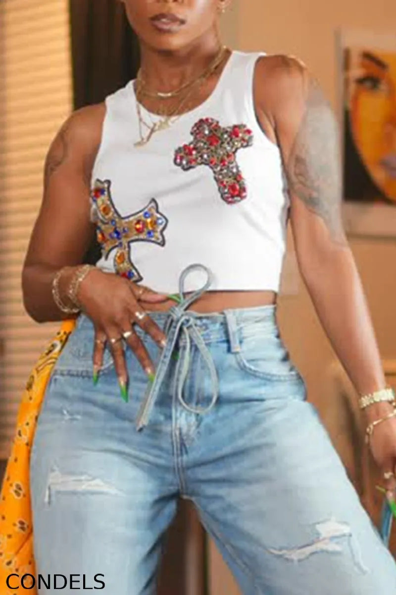Women's Fashion Rhinestone Pattern Trim Knit Vest & Jeans