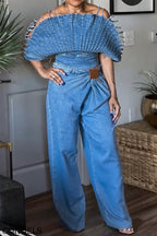 Women's Fashion Backless Denim Top & Pleated Jeans