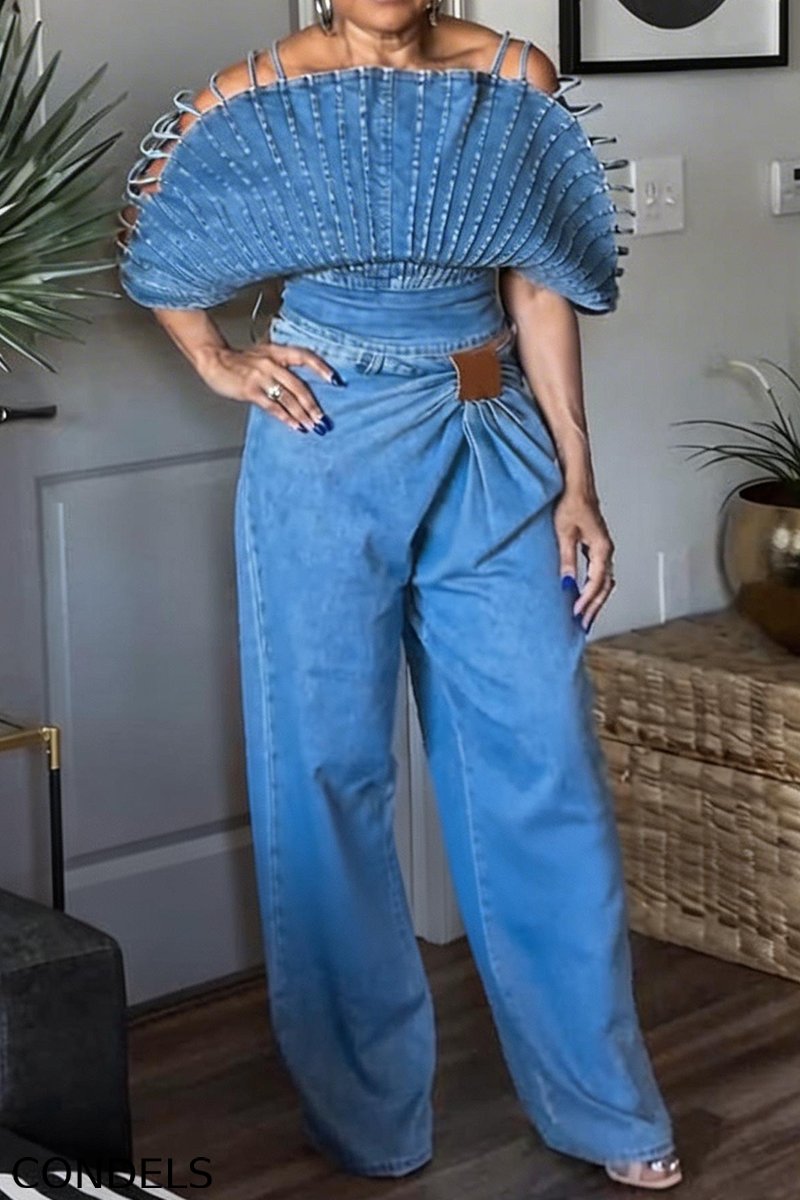 Women's Fashion Backless Denim Top & Pleated Jeans
