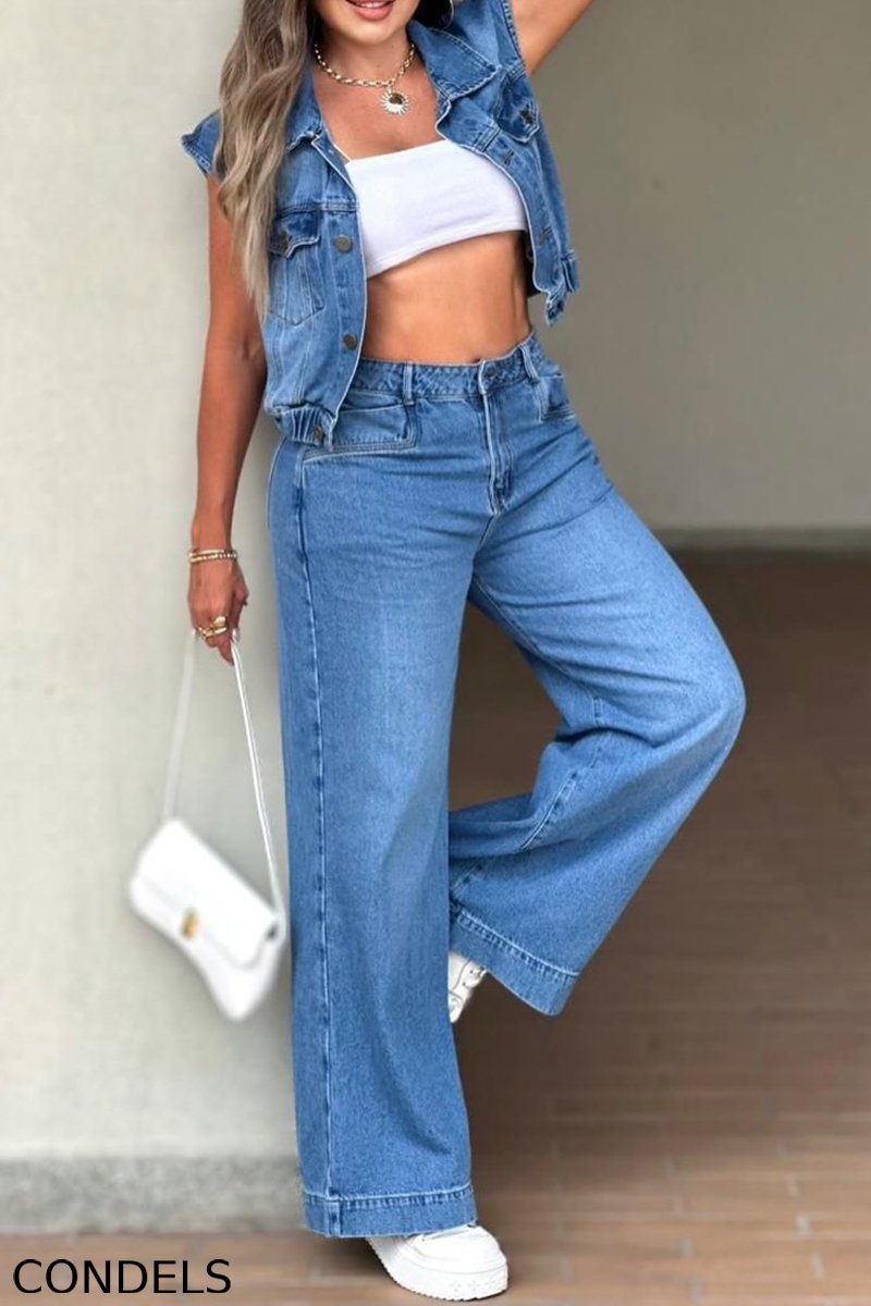 Hot Selling Women's Casual Denim Tops And Straight Leg Jeans