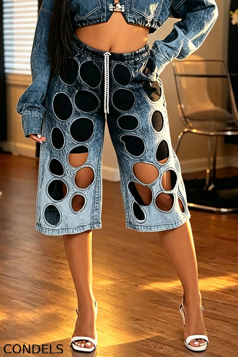 Women's Fashion Gradient Cropped Denim Jacket & Cutout Jeans