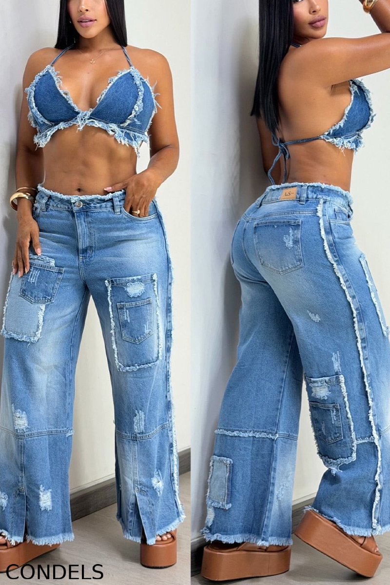 Women's ight Wash Denim Halter Crop Top with Frayed Edges Or High Waist Patch Pocket Wide Leg Jean