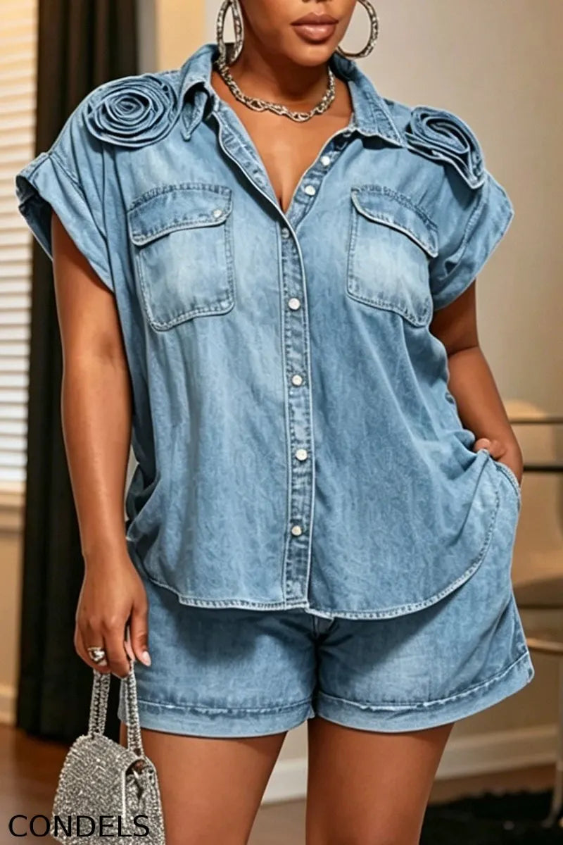 Women's Casual 3D Floral Denim Shirt & Cropped Jeans