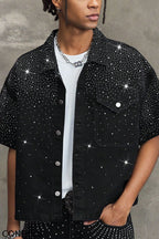 Men's Y2K Bling Full Rhinestone Denim Shirt  And Jeans shorts