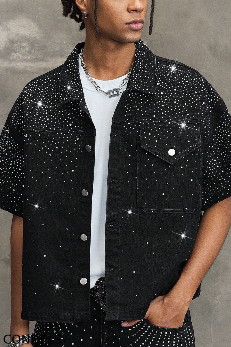 Men's Y2K Bling Full Rhinestone Denim Shirt  And Jeans shorts