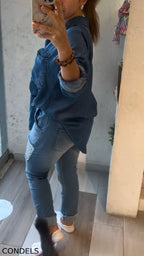 Women's Collar Patchwork Denim Shirt + Patchwork Sequined Jeans