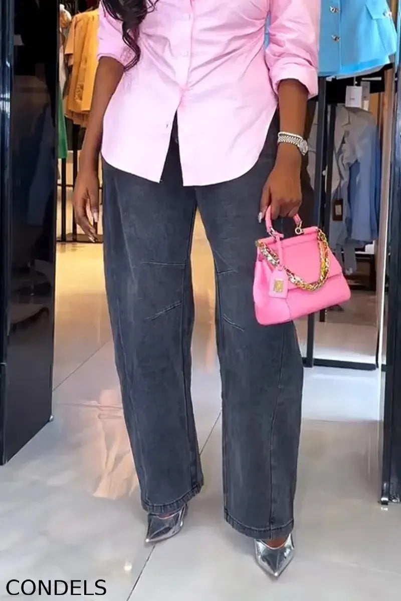 Women Collared Pleated Shirt or Wide Leg Jeans