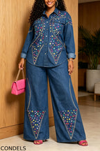 Women's Elegant Multicolor Rhinestone Denim Shirt & Jeans
