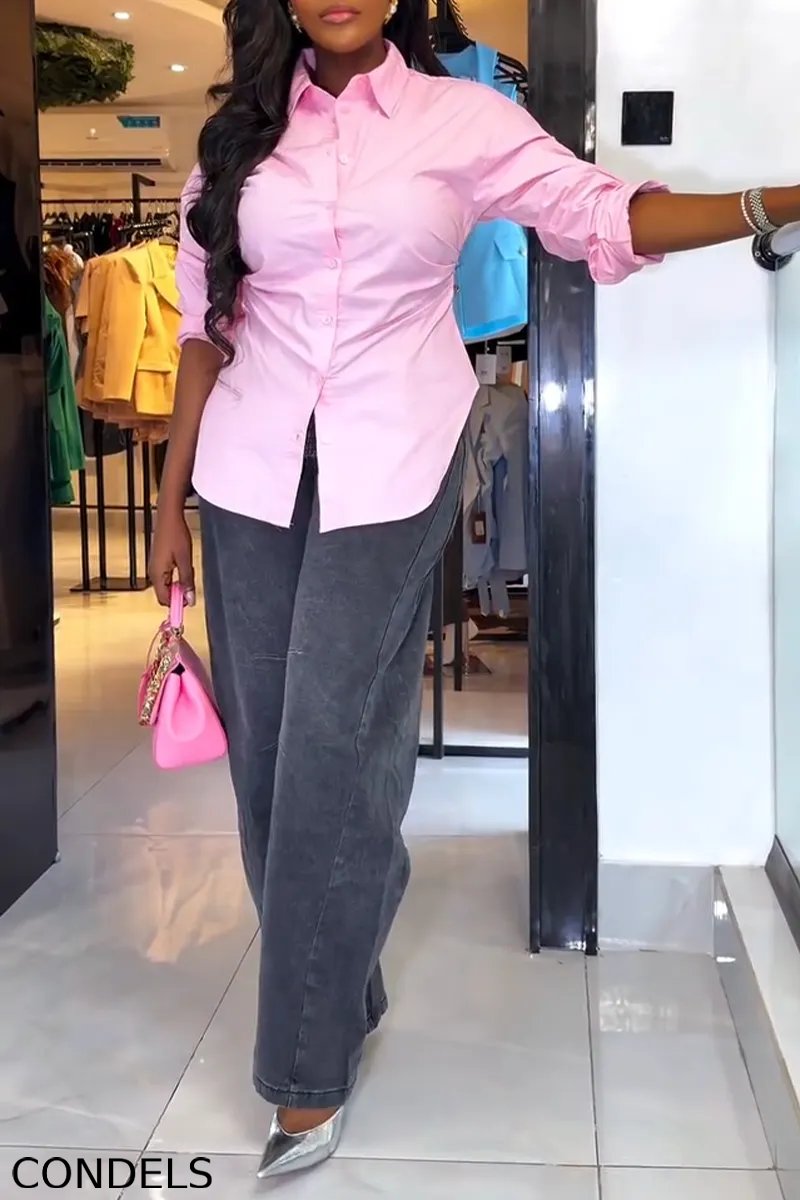 Women Collared Pleated Shirt or Wide Leg Jeans