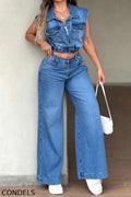 Hot Selling Women's Casual Denim Tops And Straight Leg Jeans