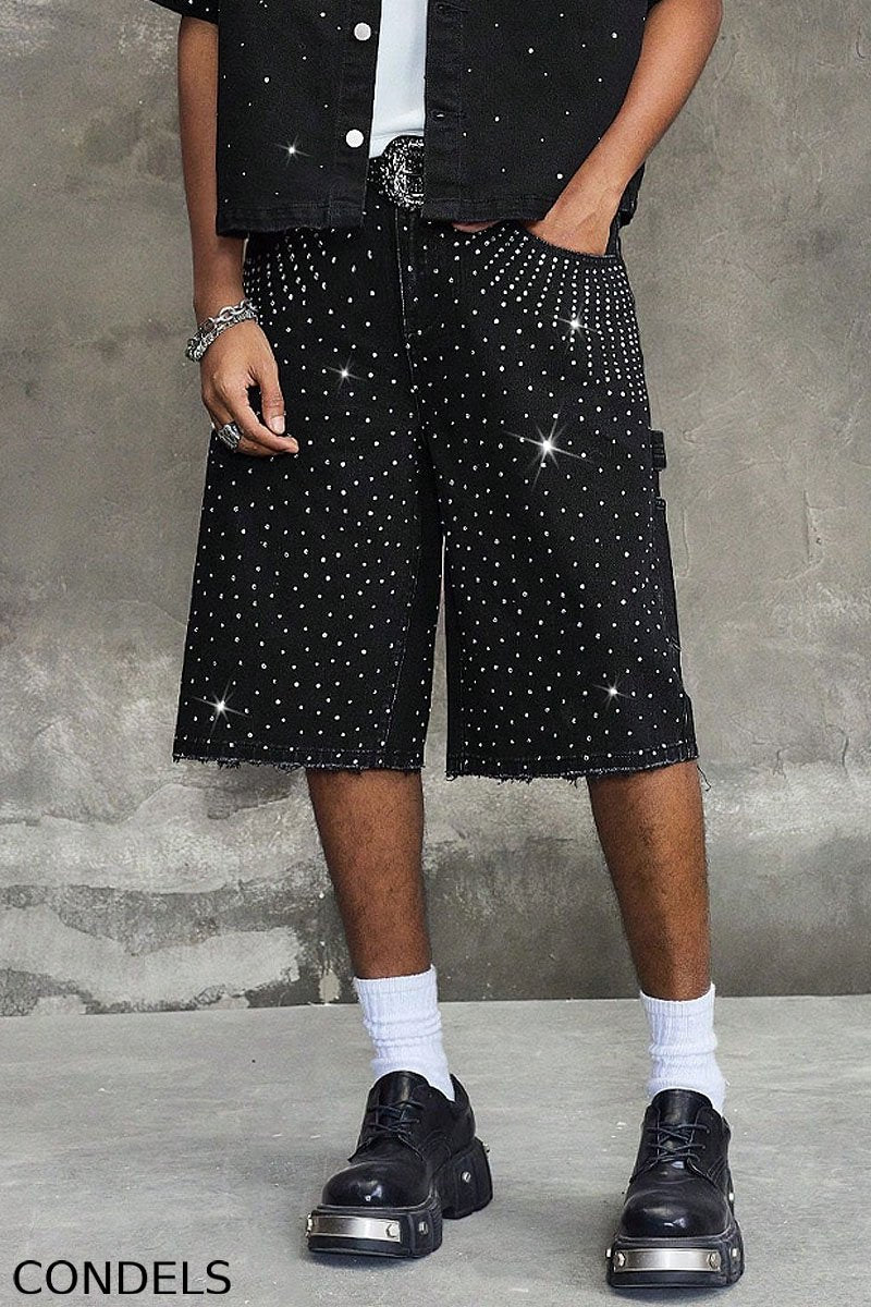 Men's Y2K Bling Full Rhinestone Denim Shirt  And Jeans shorts