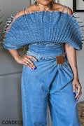 Women's Fashion Backless Denim Top & Pleated Jeans