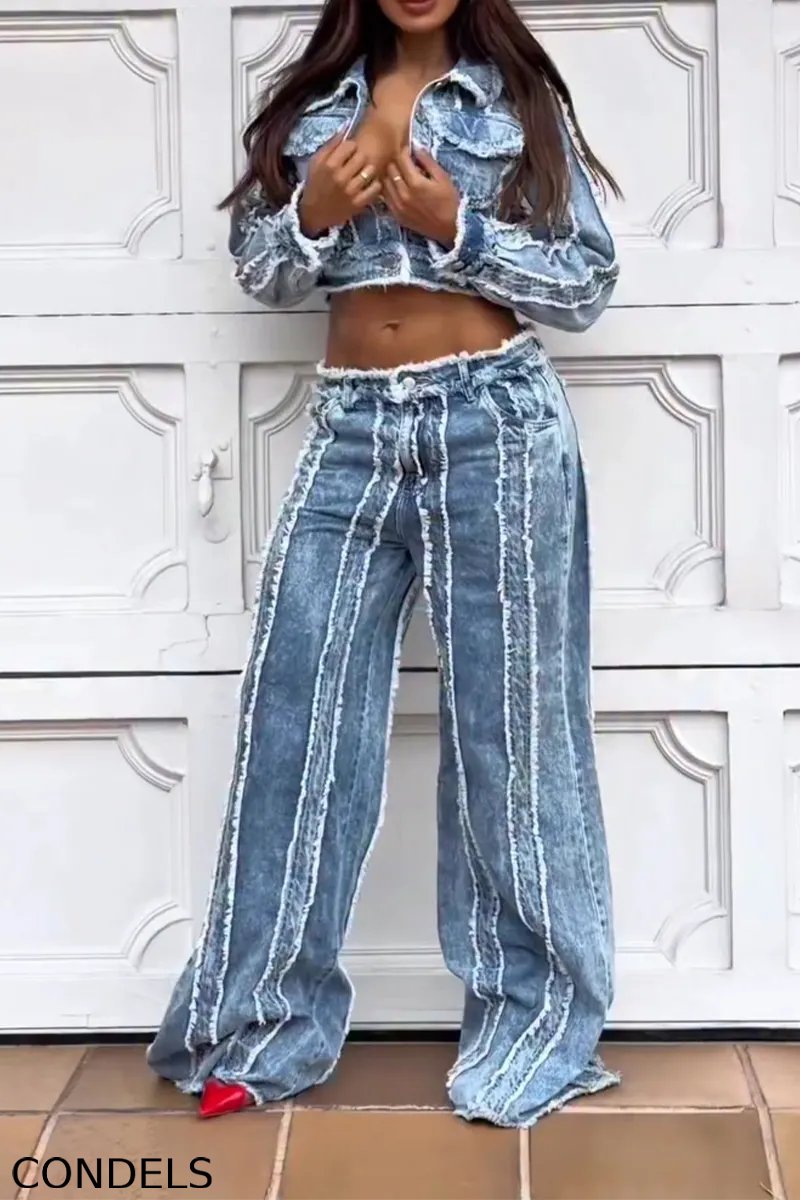Women's Casual Washed Panel Denim Jacket or Jeans