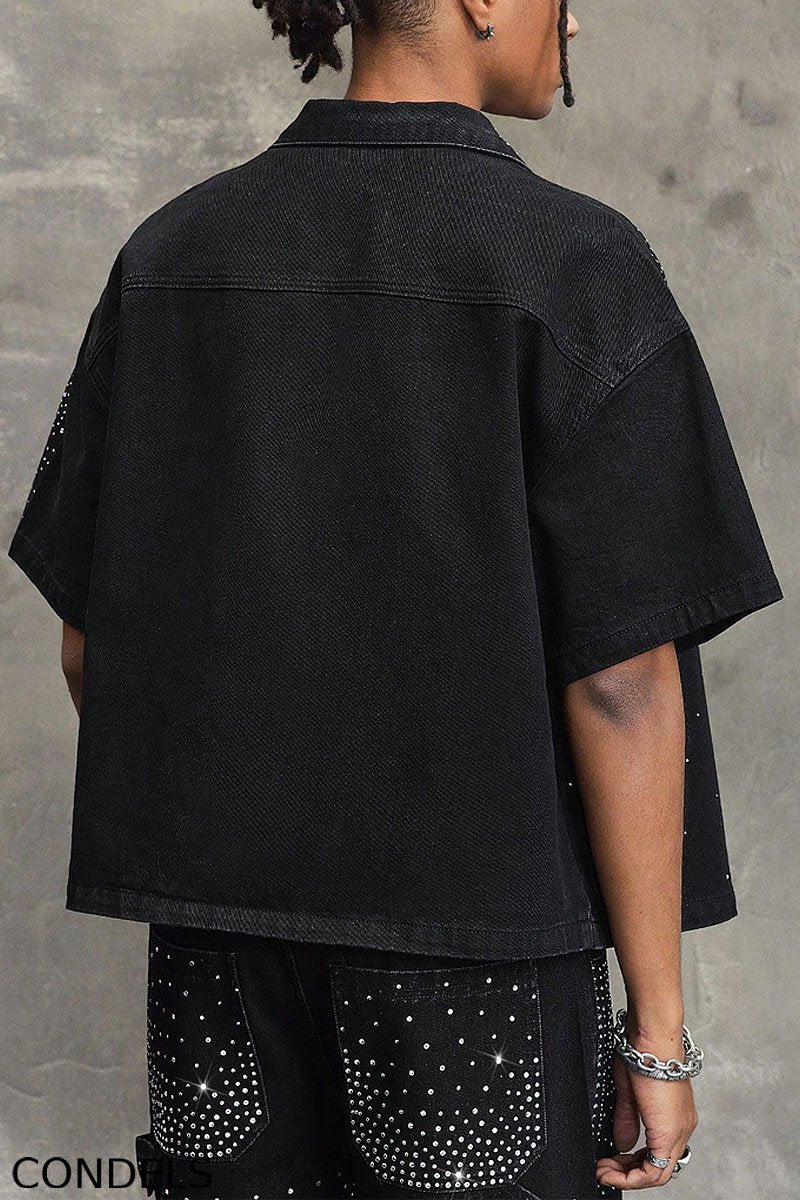Men's Y2K Bling Full Rhinestone Denim Shirt  And Jeans shorts